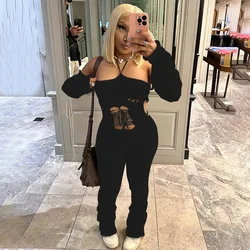 Sexy Crochet Knitted Bandage Jumpsuits Hollow Out 2024 Women Bodysuit Elegant Luxury Bodycon One Piece Stacked Pant Jumpsuit