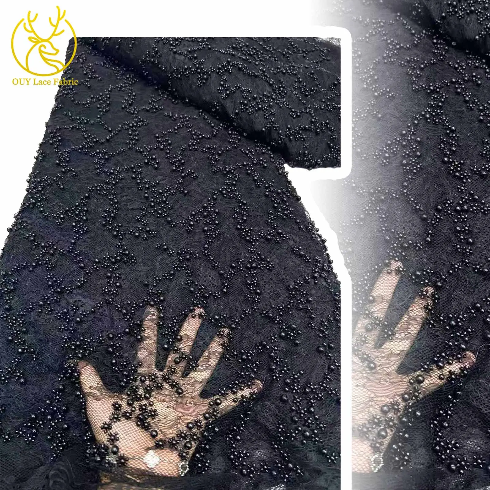 

Black African Handmade Beaded Mesh Lace Fabric 2025 Luxury Nigerian French Sequin Lace Fabric Dress Sewing Material 5 Yards