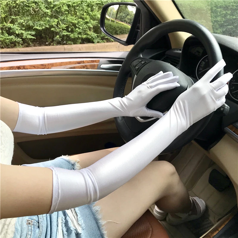 Sunsscreen Long Driving Gloves Party Dance Gloves White/Black Finger Satin Opera For Bridal Wedding Accessories Women\'S Gloves