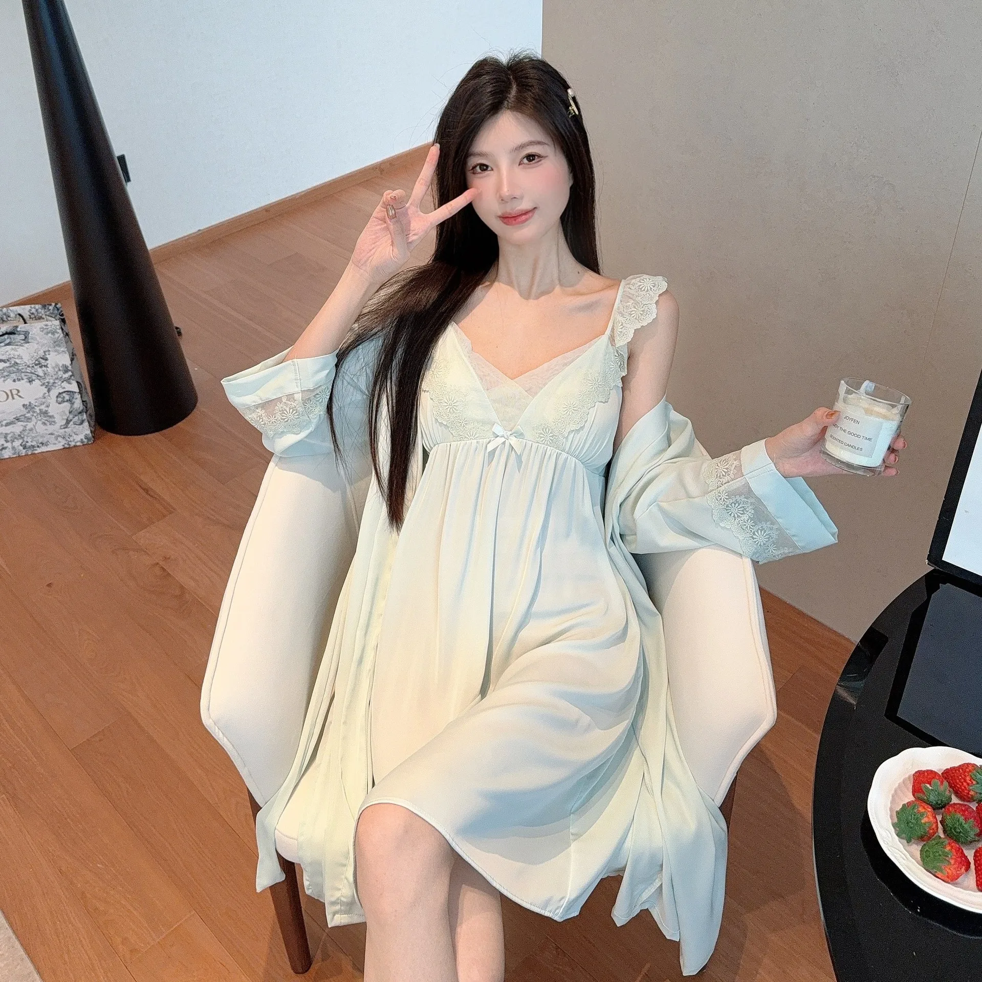 

2PCS Robe Gown Set Summer Lace Womens Nighty Bathrobe Nightgown Sleep Suit Silky Satin Kimono Dress Sleepwear Loungewear