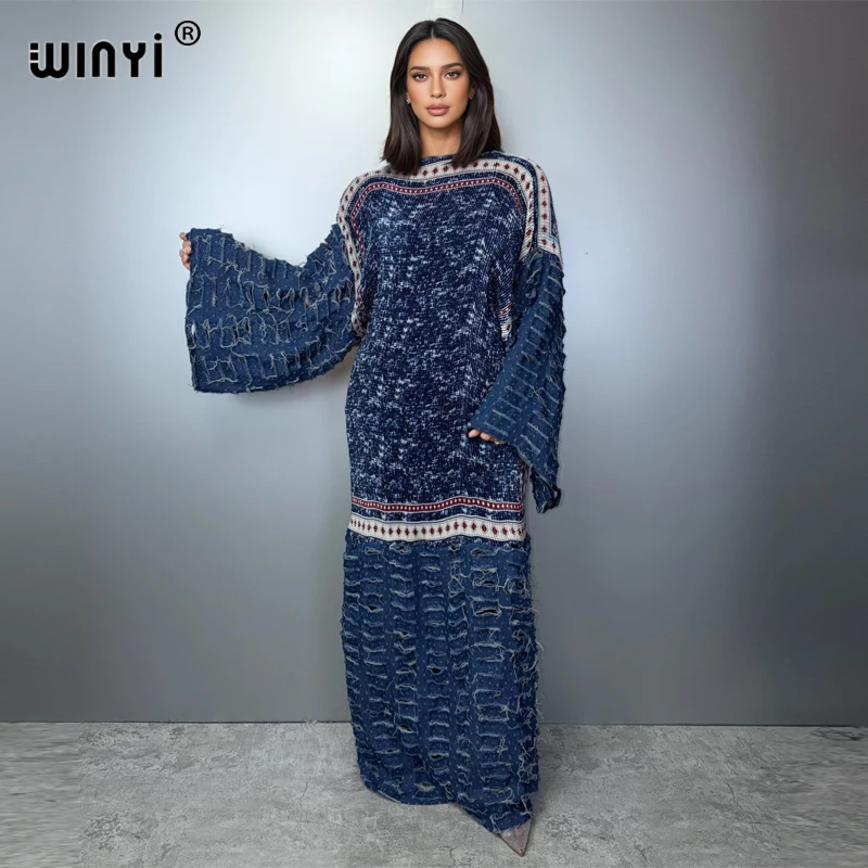 WINYI Pleated Elastic Denim hole dress holiday beach cover up maxi kaftan abaya dubai luxury party dresses evening dress