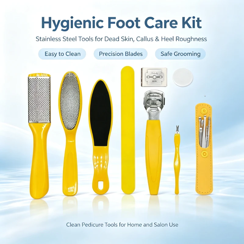 14Pcs Professional Foot Care Pedicure Tools Set, Yellow Plastic Handle Kit with Stainless Steel Blades Foot File,Callus Remover