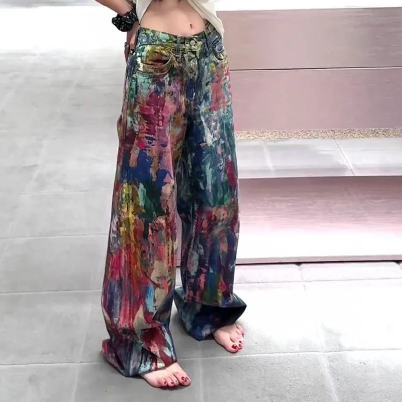 MWJLPWQ Y2K الهيب هوب نمط ملون الكتابة على الجدران الجينز الرجال شارع العليا فضفاض للجنسين واسعة الساق السراويل المد مستقيم الدينيم بنطلون 21062