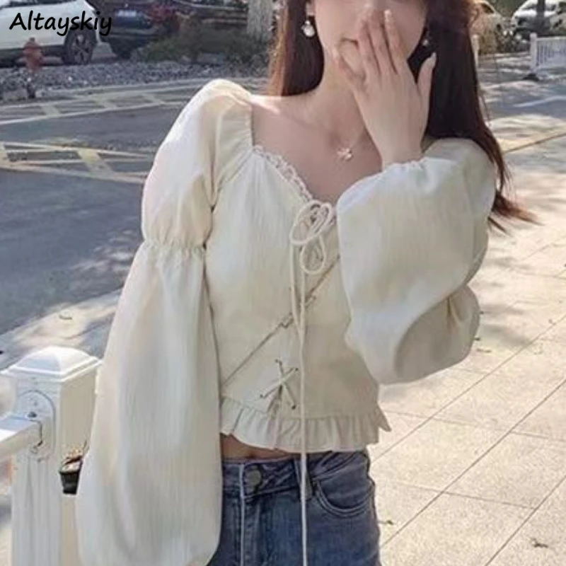 Lantern Sleeve Blouses Women Clothing Lace-up Temper Solid Crop Tops Sexy Casual Vintage Holiday Basics Aesthetic Korean Style