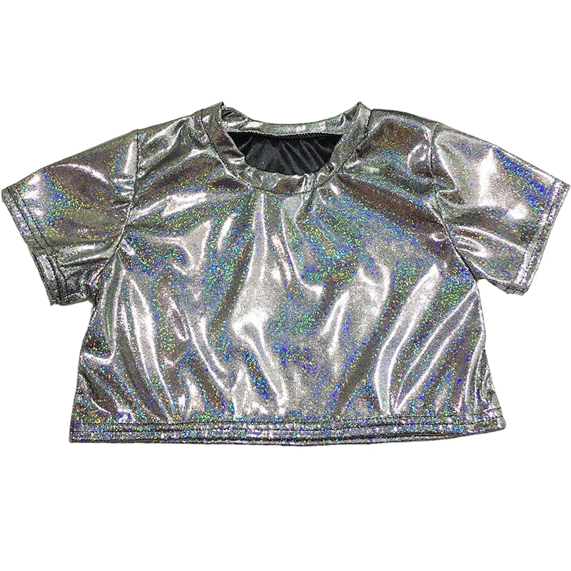 Adult Hip Hop Dance Tops Kids Girl Boy Metallic Crop Top Shiny T-shirt Short Sleeve Glitter Jazz Clothing Costume Rave Festival