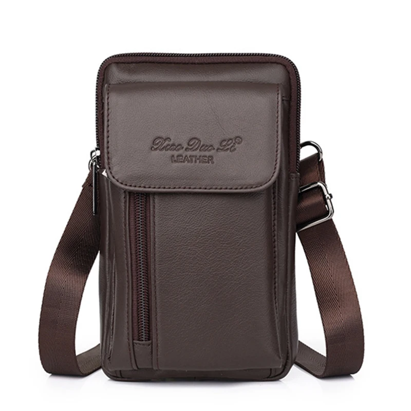 Men Small Messenger Shoulder Bag Genuine Leather  Cell Mobile Phone Case Cross Body Fanny Waist Hook Belt Pack