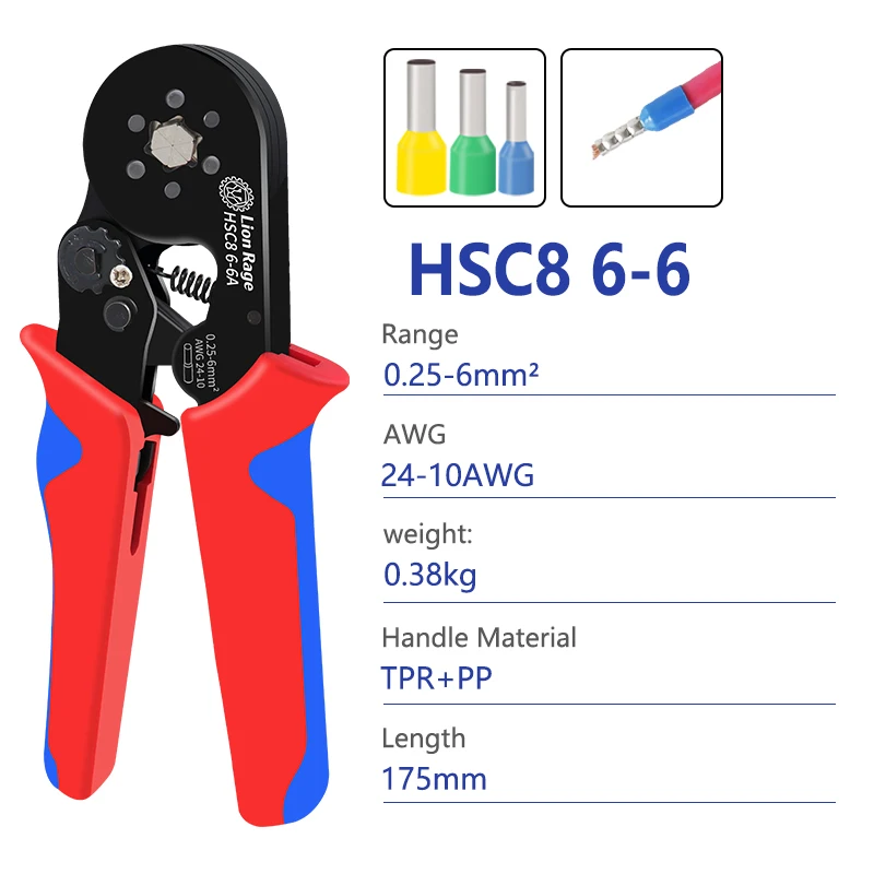 Mini Adjustable Hexagonal Crimping Pliers HSC8 6-6 0.25-6mm for Ferrule Terminals ²/ 24-10AWG Ratchet Connector Electrical Tools