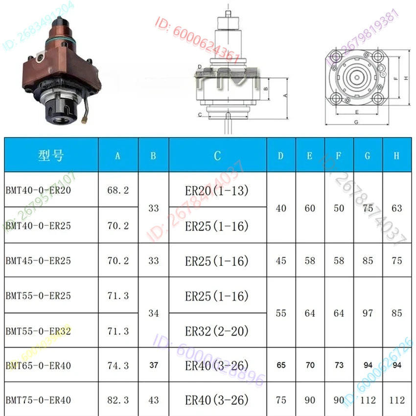 أداة برج تحول طحن رأس الطاقة Z محور 0 °   حامل الأدوات BMT40-0-ER20 BMT40-0-ER25 BMT45-0-ER25 BMT55-0-ER25 BMT55-0-ER32
