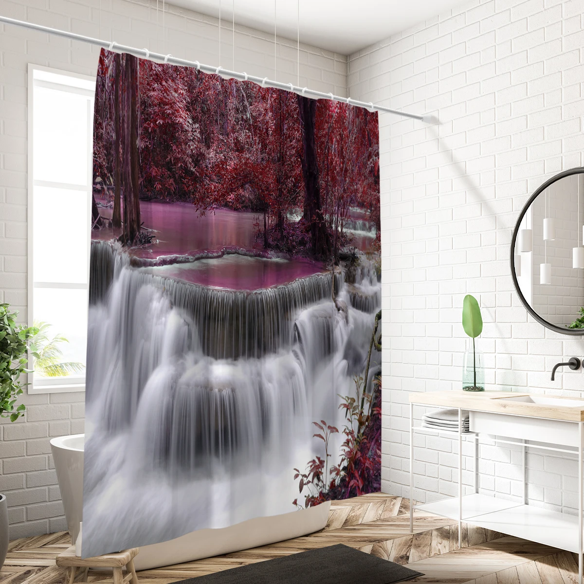 Enchanted Waterfall & Purple Autumn Forest Print Shower Curtain with 12 Hooks, Modern Home Bathroom Decor,All-Season Universal