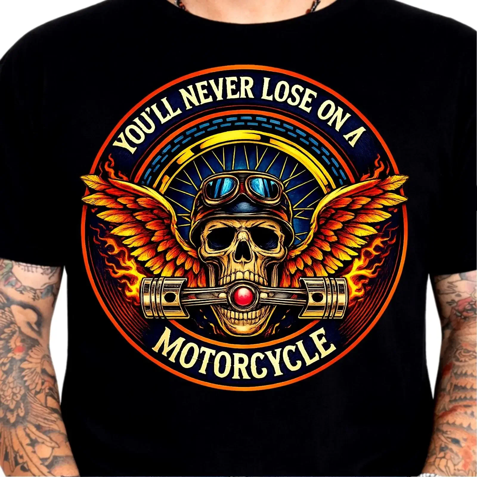 Totenkopf-Biker-T-Shirt Motorrad-Flügel Fahrer Vintage Chopper Vintage-Washed-Top für den Alltag Herren Streetwear