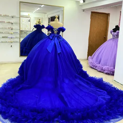 Kvalitet Kunglig Blå Söt 16-Klänningar Födelsedagsfest Volang Spets Applikation Sweep Släp Formella 15:e Quinceañera Klänningar Anpassade 8 best sales kungblå sweet 16-klänning - №2