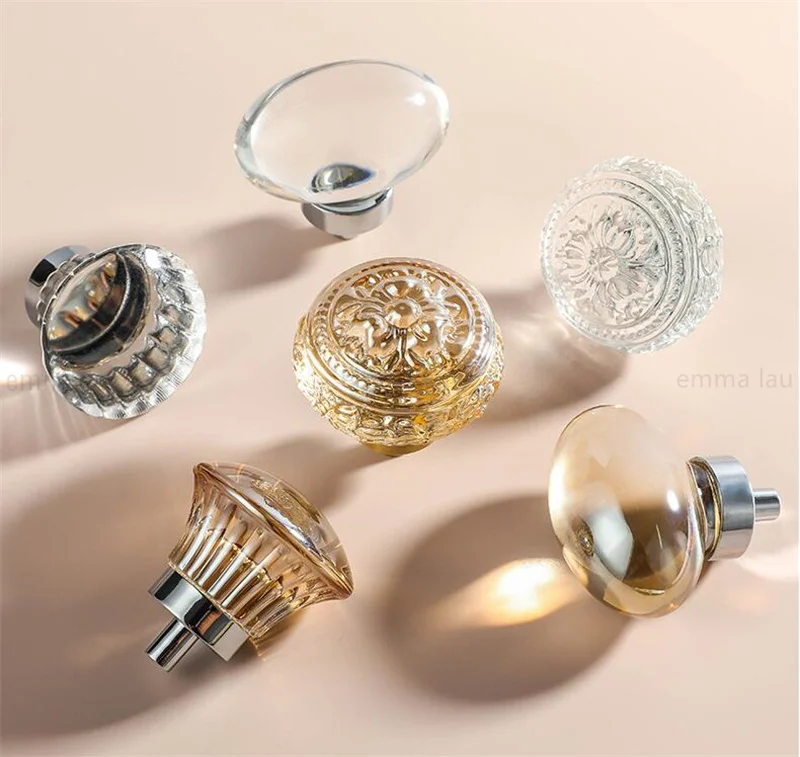 Clear Crystal Furniture Handle Drawer Knob Round Square Single Hole Brass Handles For Cabinet Kitchen Cupboard Wardrobe Pulls