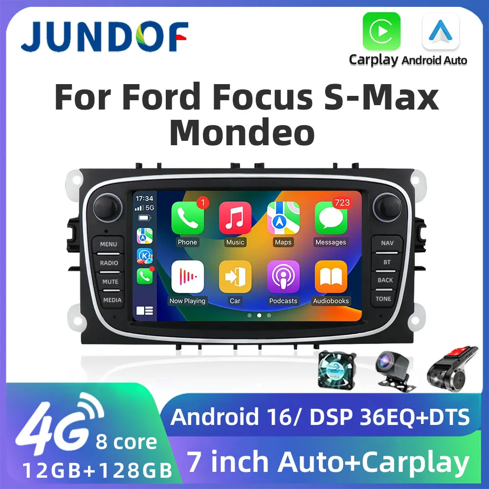 JUNDOF Android 2 Din Car Radio Multimedia Player 7'' 4G Autoradio GPS Carplay For Ford Focus S-Max Mondeo 9 Galaxy C-Max NO DVD