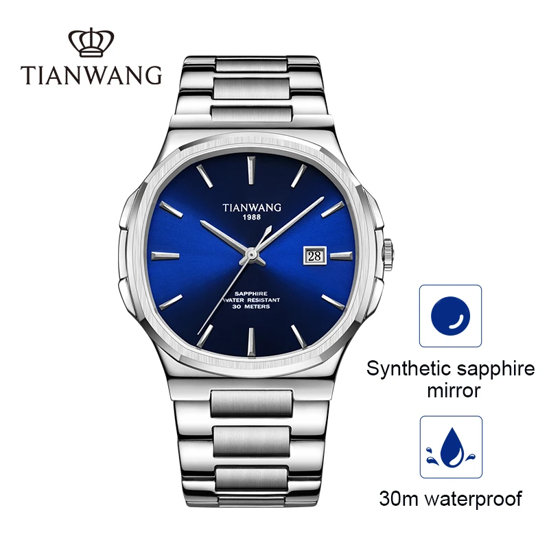 TIAN WANG Jam Tangan untuk Pria Jam Tangan Kuarsa Persegi Biru Bisnis Baja Tahan Karat Dial 43.4Mm Hadiah Pria Kedap Air Klasik