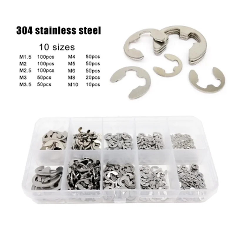 580pcs/set 1.5-10mm Assortment Kit Black 65Mn 304 Stainless Steel Shaft External Retaining Ring E Clip Snap Circlip Washer