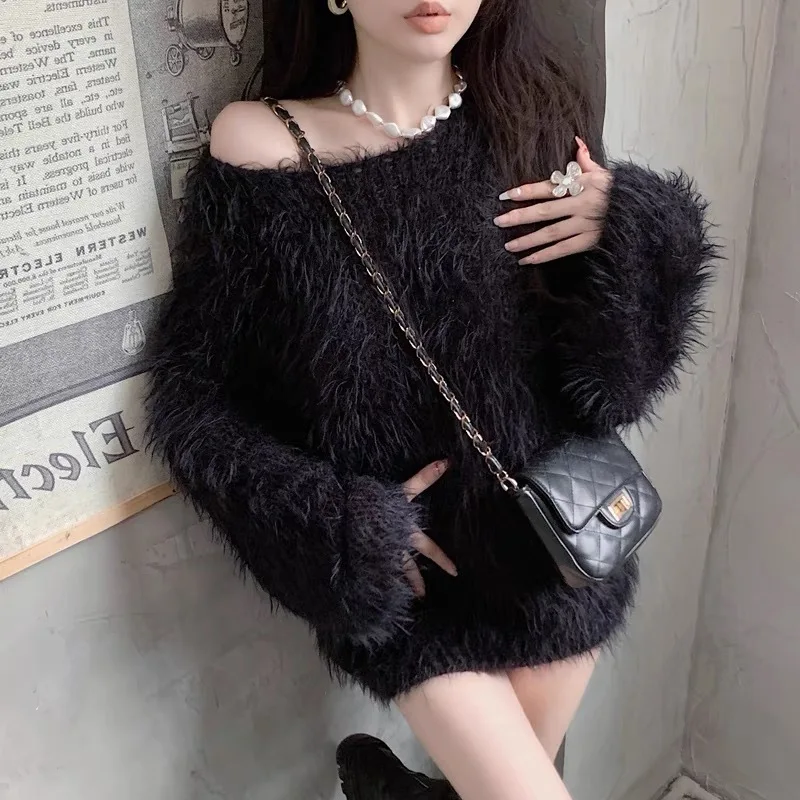 Women's Autumn Winter Faux Mink Hair Fuzzy Loose Long Sweater Lady Casual Solid Collar Pullover Long Sleeve Jumper