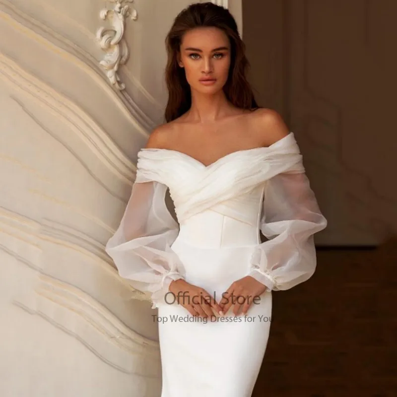 Elegant Sweetheart Wedding Dress Women Mermaid Long Sleeve White Off The Shoulder Bridal Gown Train Vestido De Novia Customized