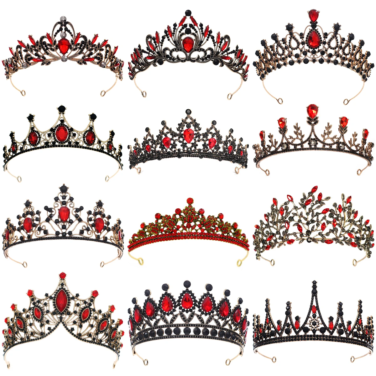 Halloween Vintage Prinzessin Königin Dunkle Krone Kopfbedeckung Kristall Tiara Für Frauen Rote Krone Haar Kleid Zubehör Schmuck – Detail 1