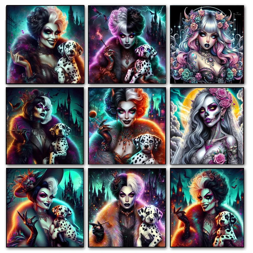 

Удивительная Готическая милая картина из страз ведьма девушка собака Новинка 2024 полностью из страз мозаика вышивка крестиком на Хэллоуин подарок для домашнего декора