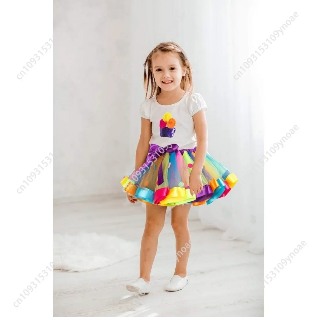 Falda de pastel, conjunto de 2 piezas, falda tutú bonita para mujeres y adolescentes, Top de manga corta de algodón, faldas de Ballet de lunares de arcoíris, collar y pulsera