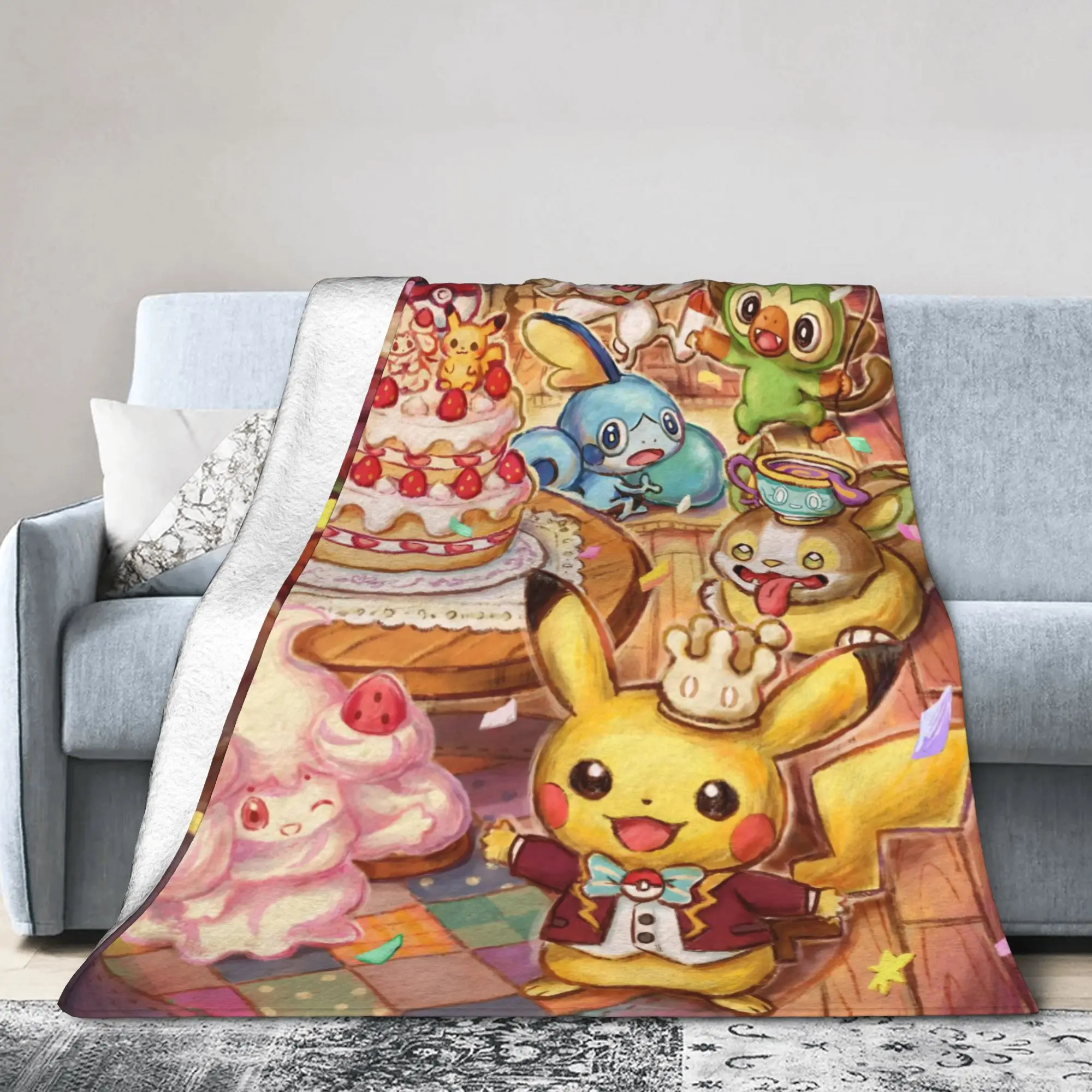 Poke-Mon Cartoon Birthday Blankets Coral Fleece Plush Summer Air Conditioning Game Throw Blankets for Bed Travel Bedding Throws