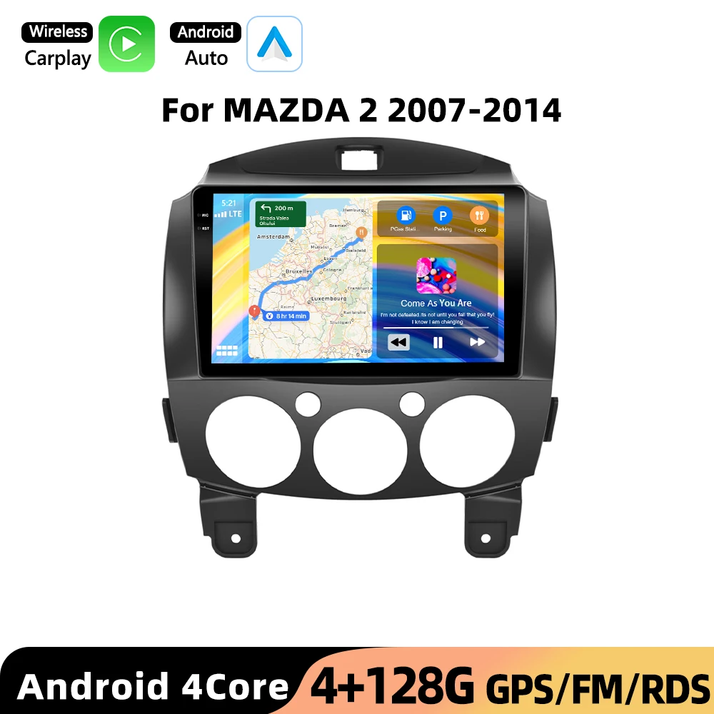 Podofo Auto Radio voor MAZDA 2 2007-2014 Draadloze CarPlay Android Auto Multimedia Stereo WIFI GPS 2din Radio FM/RDS BT