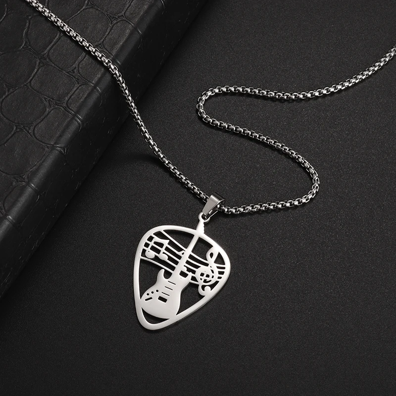 Delicate Stainless Steel Cutout Guitar Pick Bass Note Necklace for Music Lovers Pendant Punk Jewelry for Men and Women