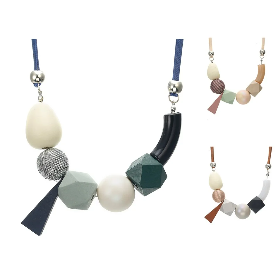 Women's geometric wooden bead necklace with allergy rope chain necklace jewelry retro pure handmade jewelry versatile collarbone