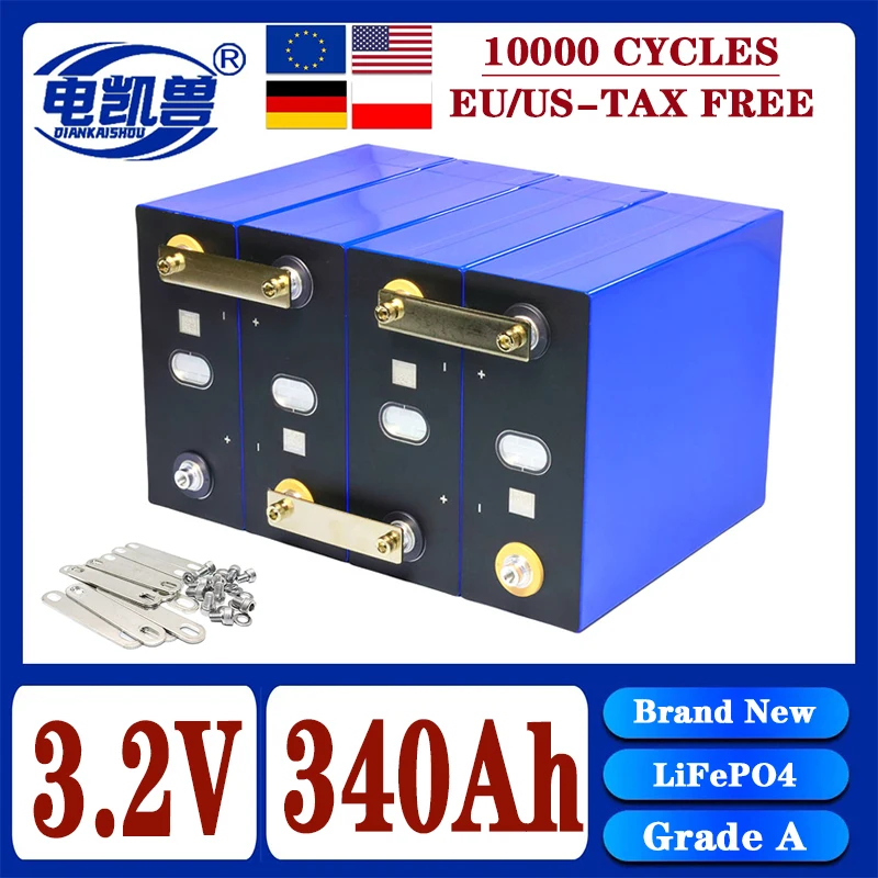 A-Grade 340Ah 10000 cycle LiFePO4 3.2V rechargeable battery suitable for DIY 12V 24V RV electric vehicle solar system Tax Free