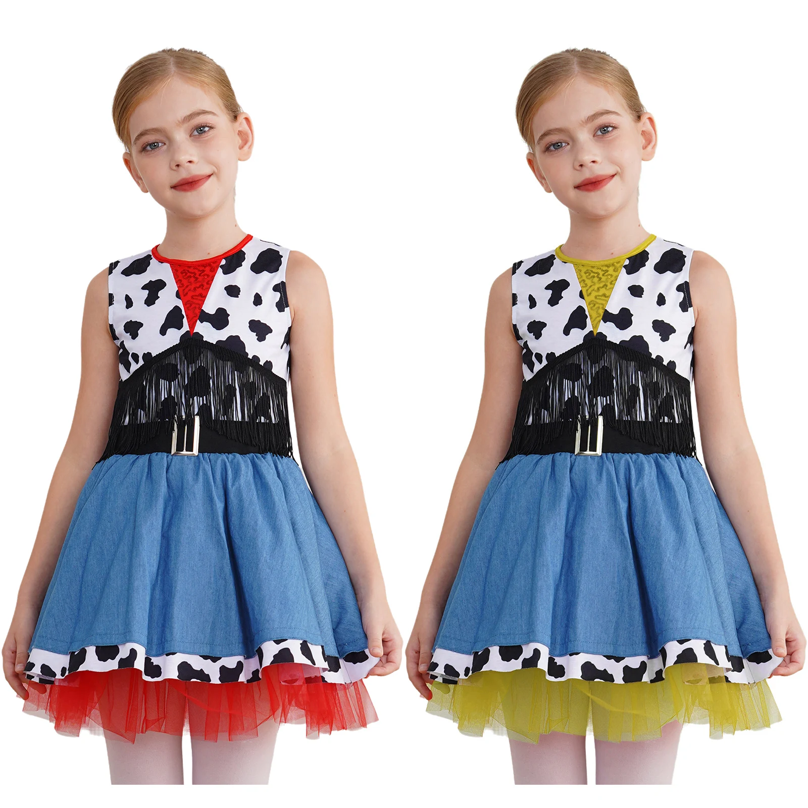 Girl Western Cowgirl Costume Halloween Cosplay Costume Dancewear Outfit Sleeveless Cow Print Fringe Dress Dress Up Party Costume