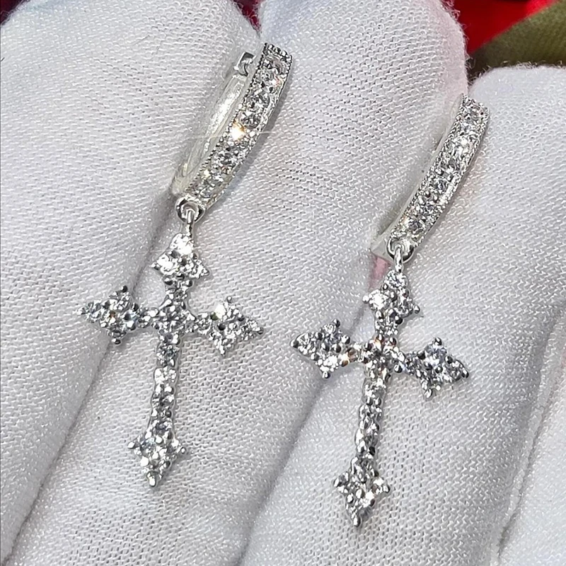 Silver Color Y2K Cross Drop Earring Shiny Crystal Stone Cross Dangle Earrings Fashion Sparkling Girls Earring Jewelry