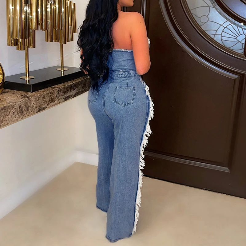 BKLD Summer Slim Fit Denim V-neck Backless Tassel Trendy Jumpsuit Women's Strapless High Waist Ripped Pocket Sexy Street Rompers