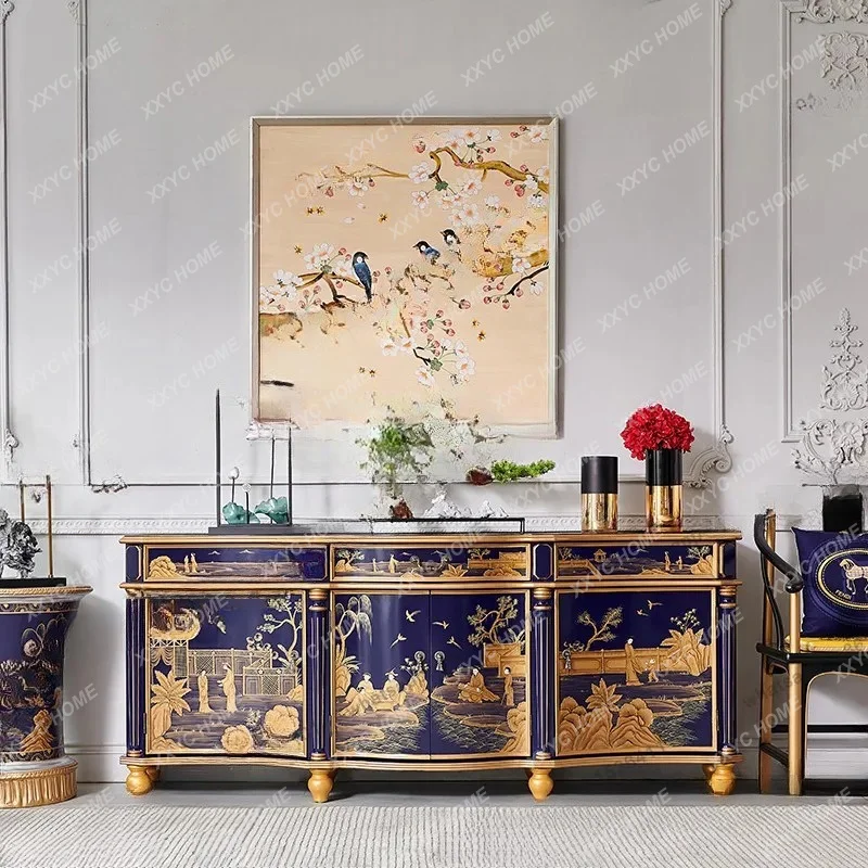 

Chinese style royal blue solid wood decorative cabinet living room classical storage entrance side storage cabinet
