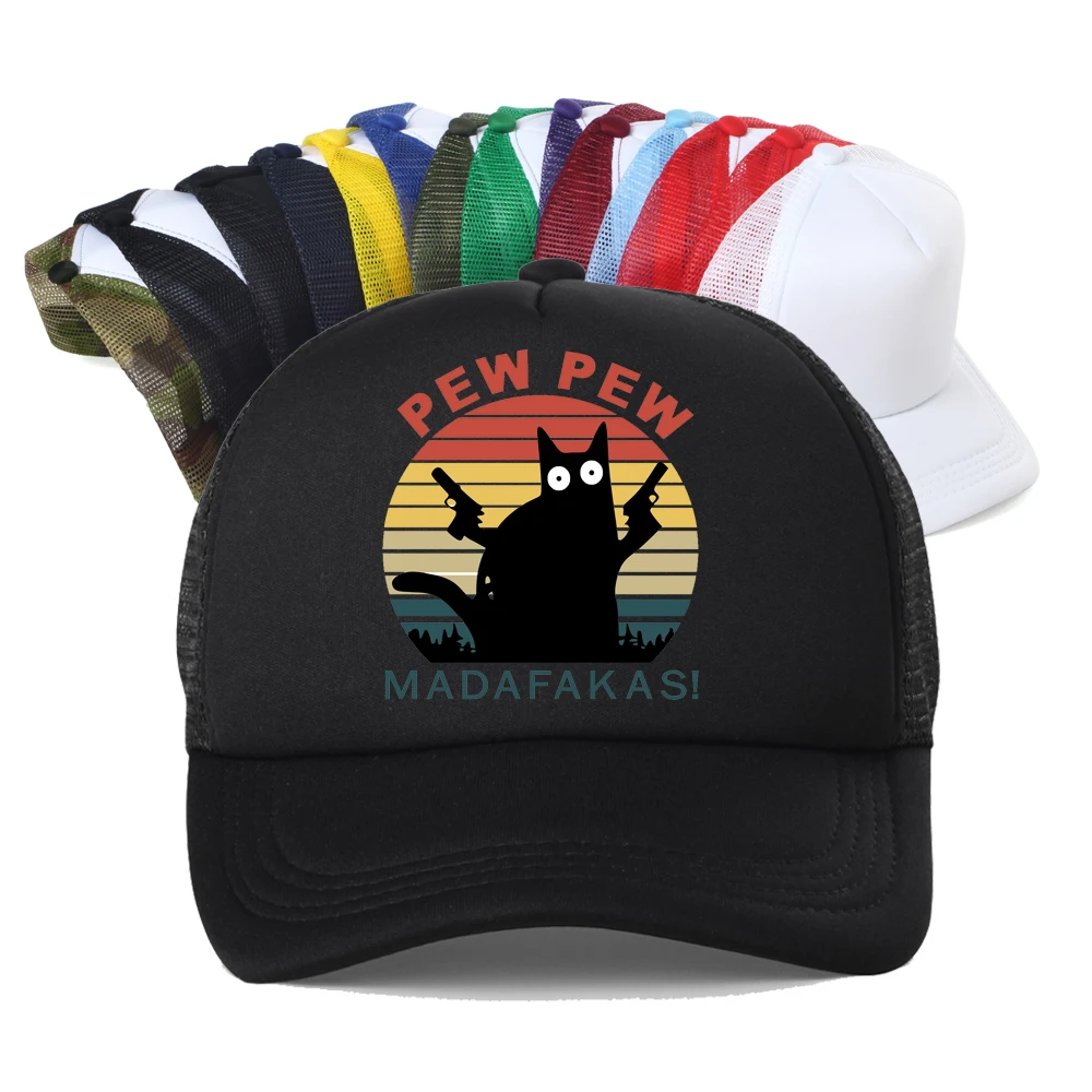 Pew Pew Madafakas Cartoon Double Gun Cat Mesh Trucker Hat Men Women Funny Baseball Snapback Cap