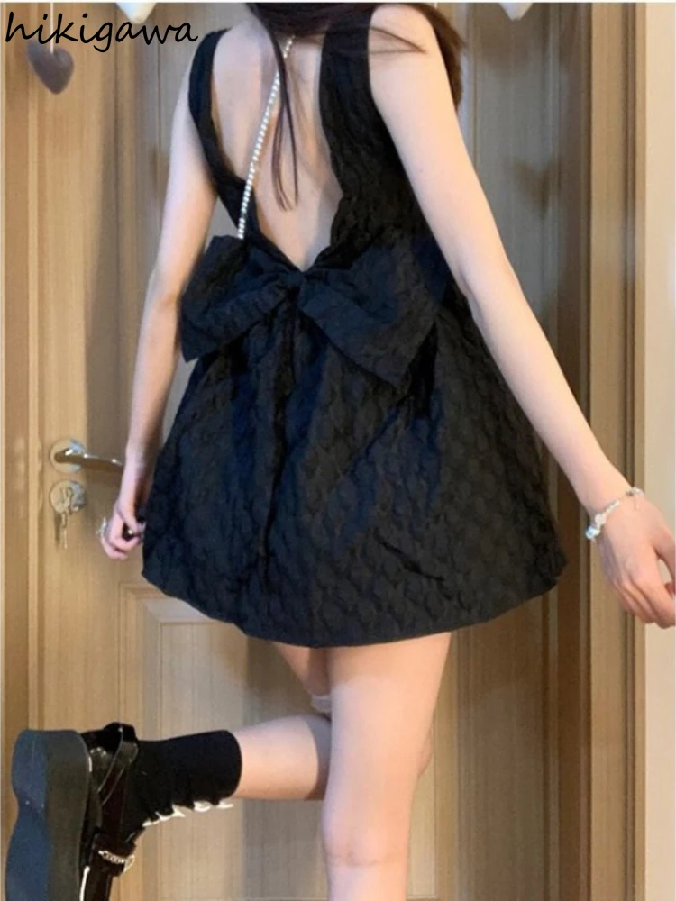 Black Woman Dress 2024 Vestidos De Mujer Bandage Bow Sleeveless Tunic Summer Robe Femme Square Collar A-line Sexy Dresses 7n927