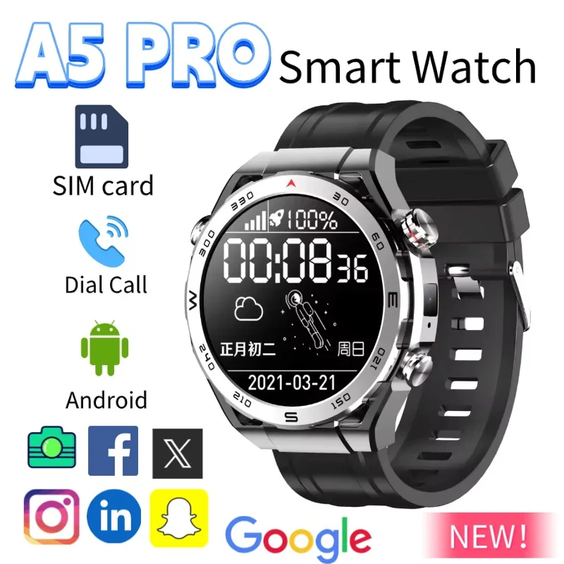 

Смарт-часы A5 Pro4G 2025 Android OS AMOLED-дисплей 2-мегапиксельная камера GPS WiFi Монитор сердечного ритма Спортивные режимы Унисекс Водонепроницаемый Фитнес