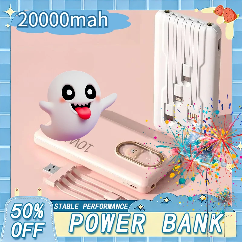 

Мини-пауэрбанк 20000 мАч со встроенным кабелем, быстрая зарядка, мобильный источник питания большой емкости BCAK