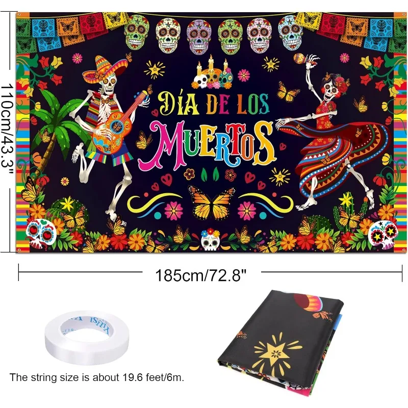 ​Mexican Day of The Dead Background Cloth Horror Theme Party Decoration Hanging Flag Banner Halloween Colorful Skull Decoration