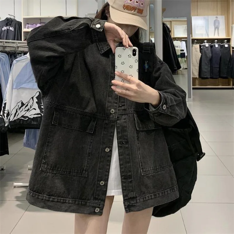 Giacca di jeans nera stile Hong Kong da donna 2024 primavera e autunno nuova versione coreana giacca a maniche lunghe da studente allentata top tide