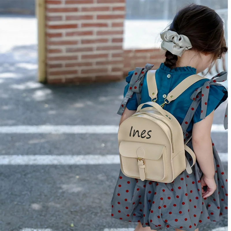 Sac à Dos en PU Vintage avec Nom Brodé pour Enfant Garçon et Fille, Mini Sacoche Personnalisée, Tendance, Solide, Nouvelle Collection