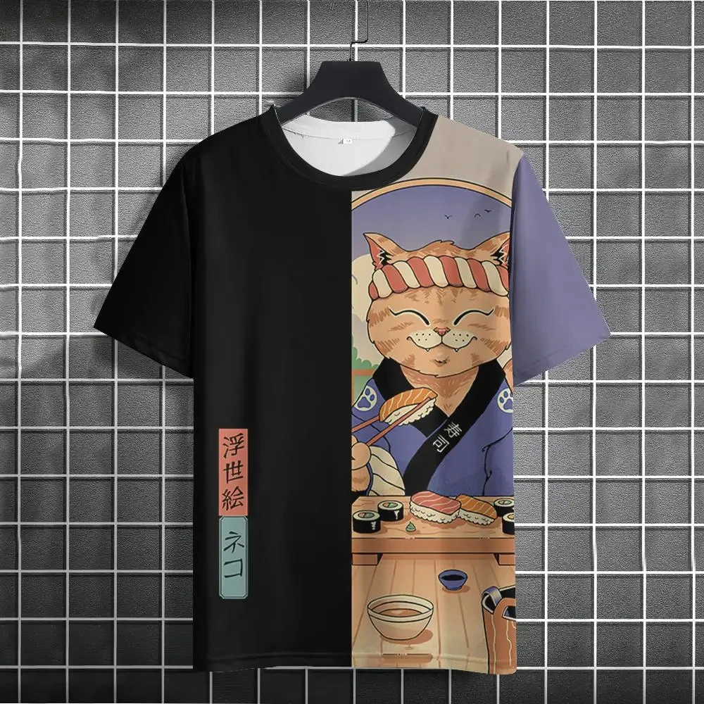 Retro Anime Cat Men\'s T-shirt Summer O-neck Casual Short Sleeve Tees harajuku Short Sleeve Men\'s Clothing Male Streetwear Tops