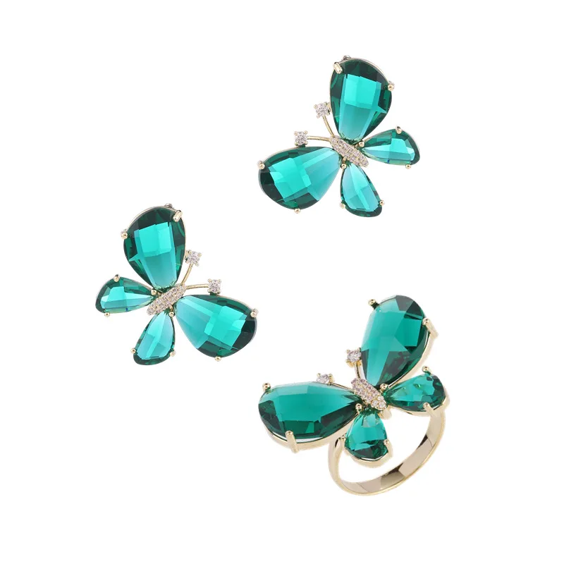 スタイリッシュで多用途なイヤリング、トレンディなクリスタルジルコンバタフライオープニングリングスタッドセット