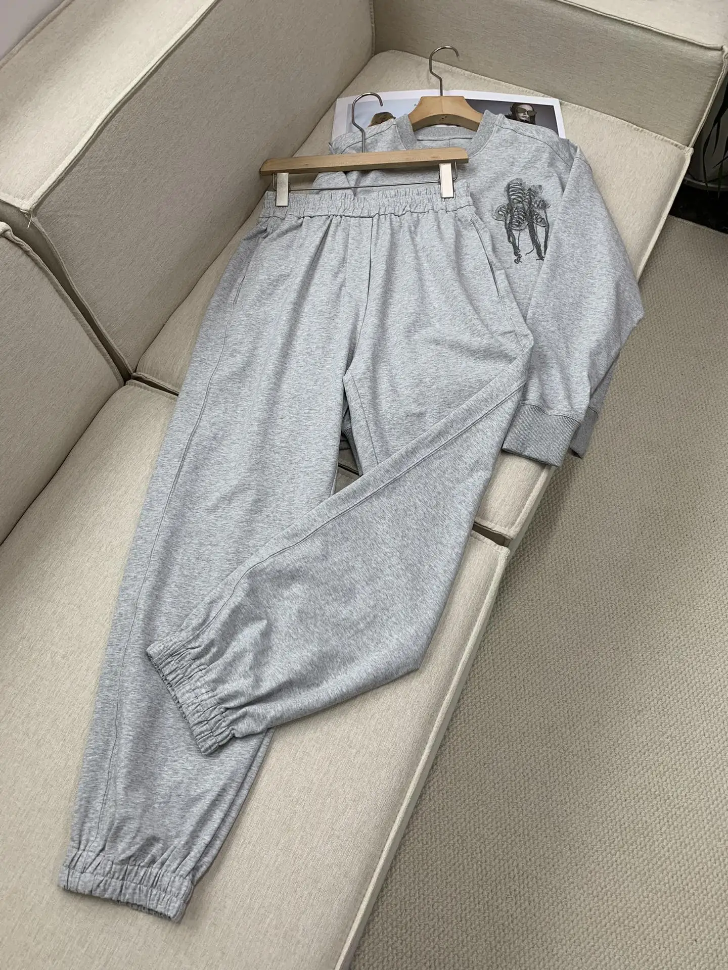 High Quality Heavy Industry Bead Necklace Solid Color Pullover Cotton Sweatshirt Casual Sweatpants Fashion Loose Suit For Women