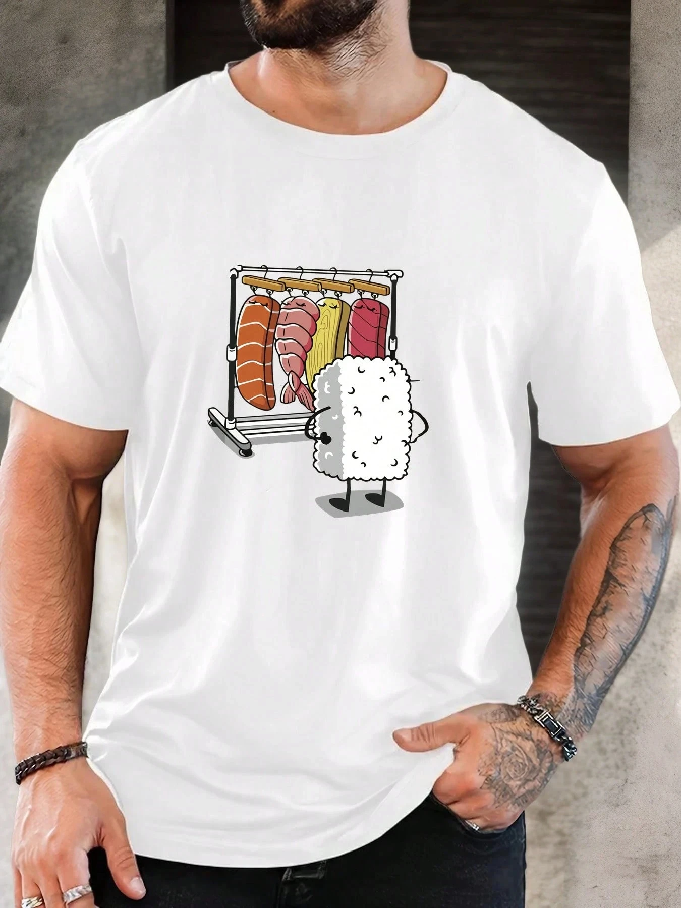 

Mens Sushi Graphic Cotton T-Shirt Casual Summer Crew Neck Beige With Cartoon Sushi Print For Casual Attire streetwear