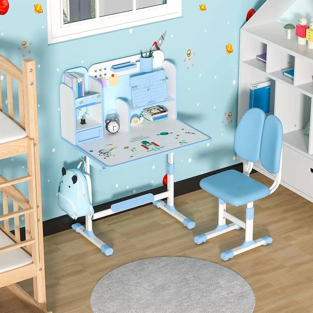 Small Desk, Kids Study Desk Chair Set, Height Adjustable Children School Study Table Chair Set with Sitting Corrector, Ergonomic