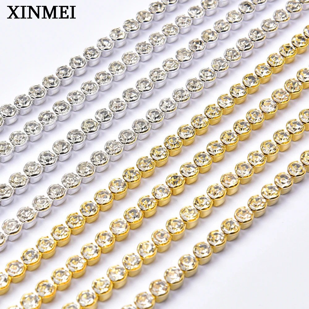 Gold Silver Base Glass Rhinestone Dense Non-claw Chain Pearl Cup Chain Trim Sewing for Clothes Bags Shoes Decoration Accessories