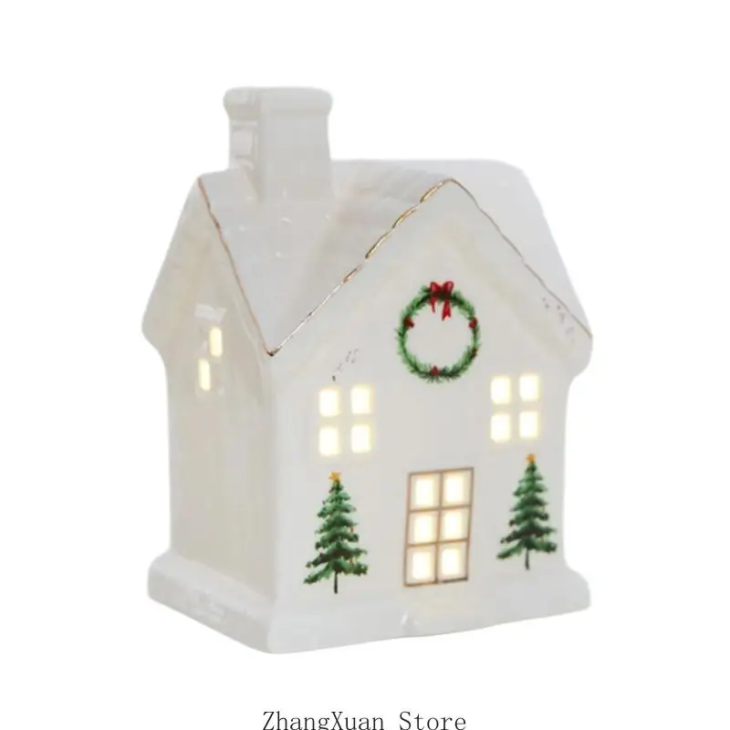 Eingangstisch-Weihnachtsschmuck, Keramik-Dorfhaus-Akzent mit warmer Innenbeleuchtung für die winterliche Regalpräsentation 3XUF – Detail 5