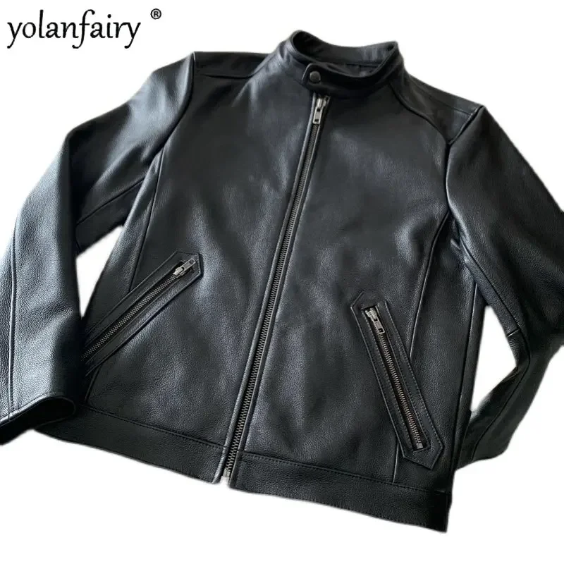 YOLANFAIRY 100% Genuine Leather Jacket Men Top Layer Cowhide Jacket Spring Autumn Round Neck Casual Zipper Pocket Jacket Trend