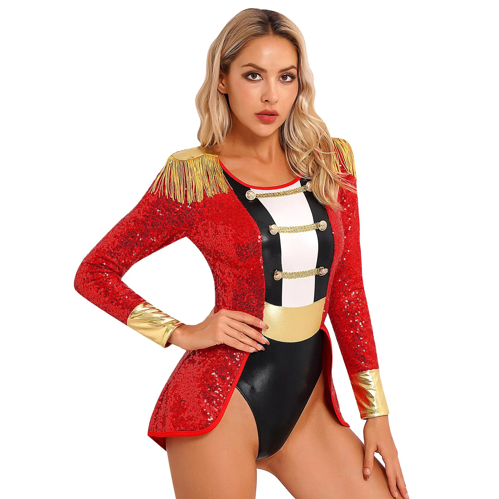 Womens Circus Ringmaster Outfit Halloween Cosplay Bodysuit Fringe Epaulette Collar Bow Hat Sequin Jumpsuit Masquerade Costumes