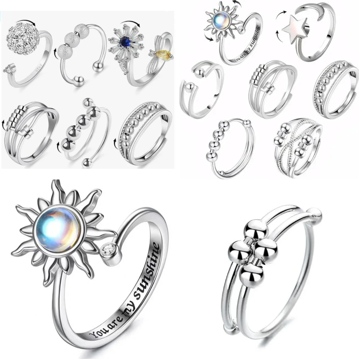 Anillos antiestrés y ansiedad para mujer, Spinner de acero satinado, girasol, sol, estrella, accesorios de joyería de moda, regalo